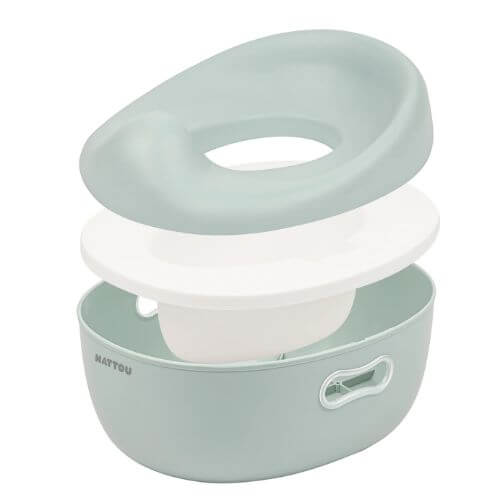 The Nattou 3-in-1 Potty potty disassembled into three parts, demonstrating its multi-functional design.