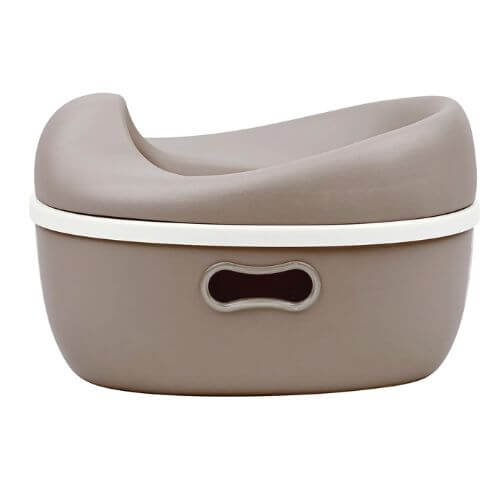 Side view of the taupe Nattou 3-in-1 Potty, showing its sturdy base and simple, modern shape.