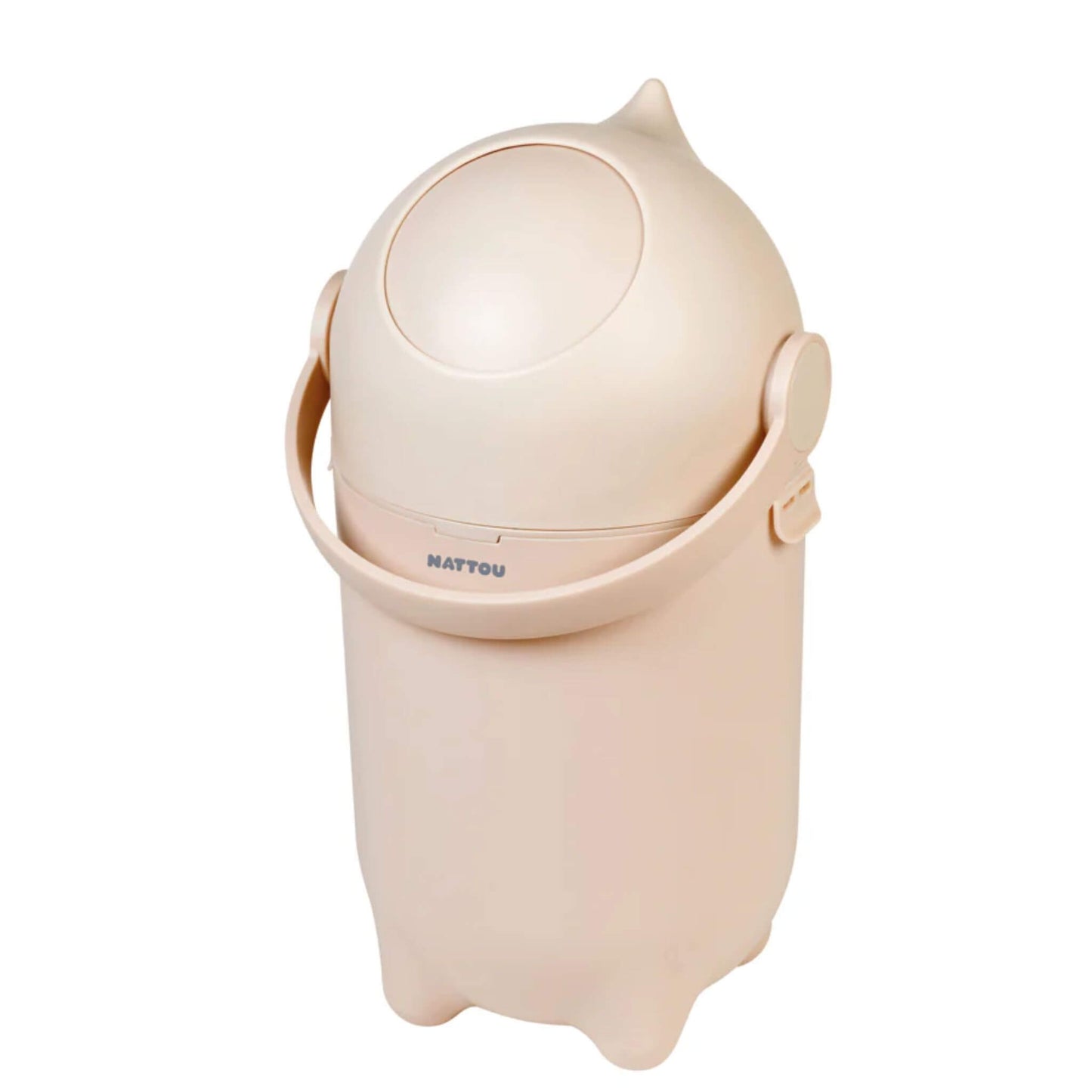 Beige Nattou Dropy Nappy Bin with a curved lid and handle, designed to lock in odours and blend into any nursery space.