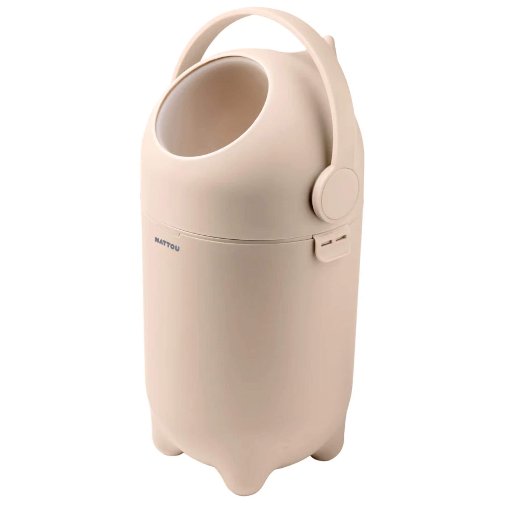 Side view of the Nattou Dropy Nappy Bin, showing its ergonomic handle and modern, neutral-toned design.