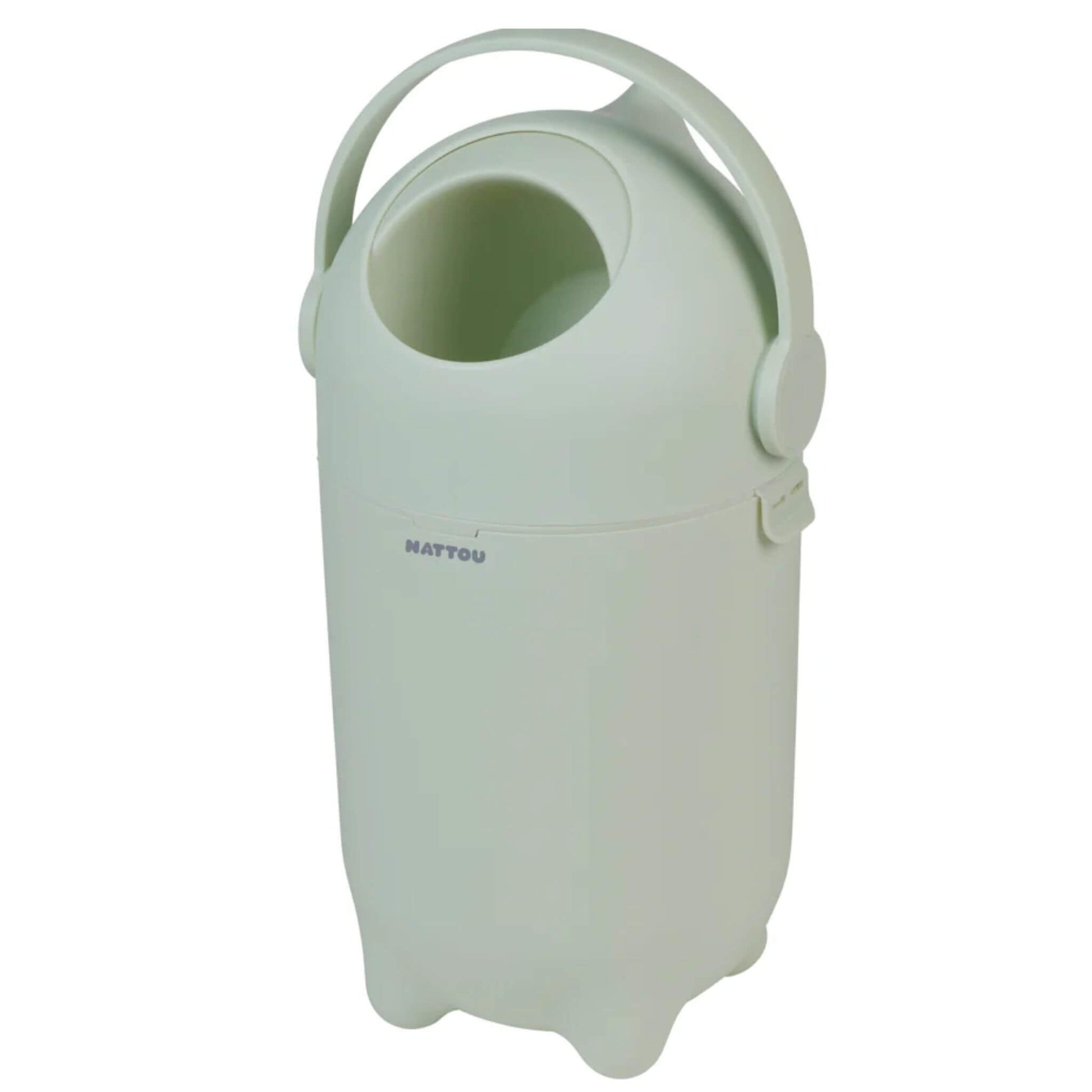 Side view of the green Nattou Dropy Nappy Bin, showing its ergonomic handle and simple, modern design.