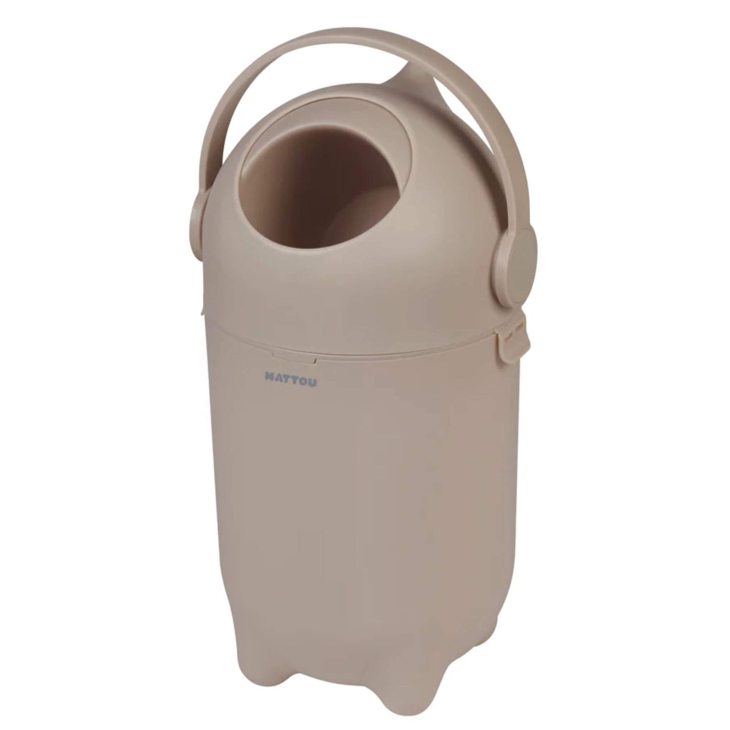 Side view of the taupe Nattou Dropy Nappy Bin, showing its ergonomic handle and simple, neutral-toned design.