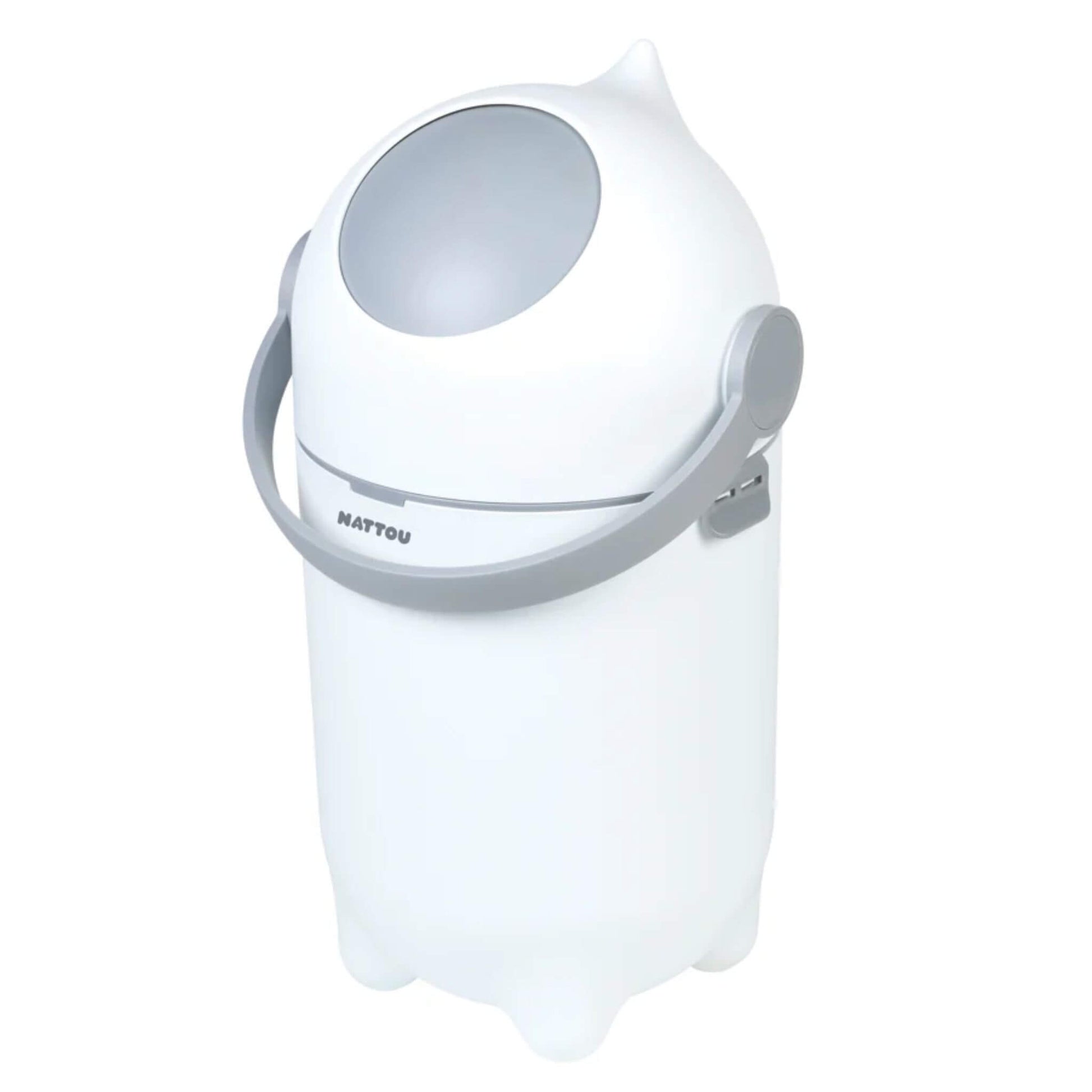 White Nattou Dropy Nappy Bin with a grey handle and odour-locking design for a fresh and modern nursery.