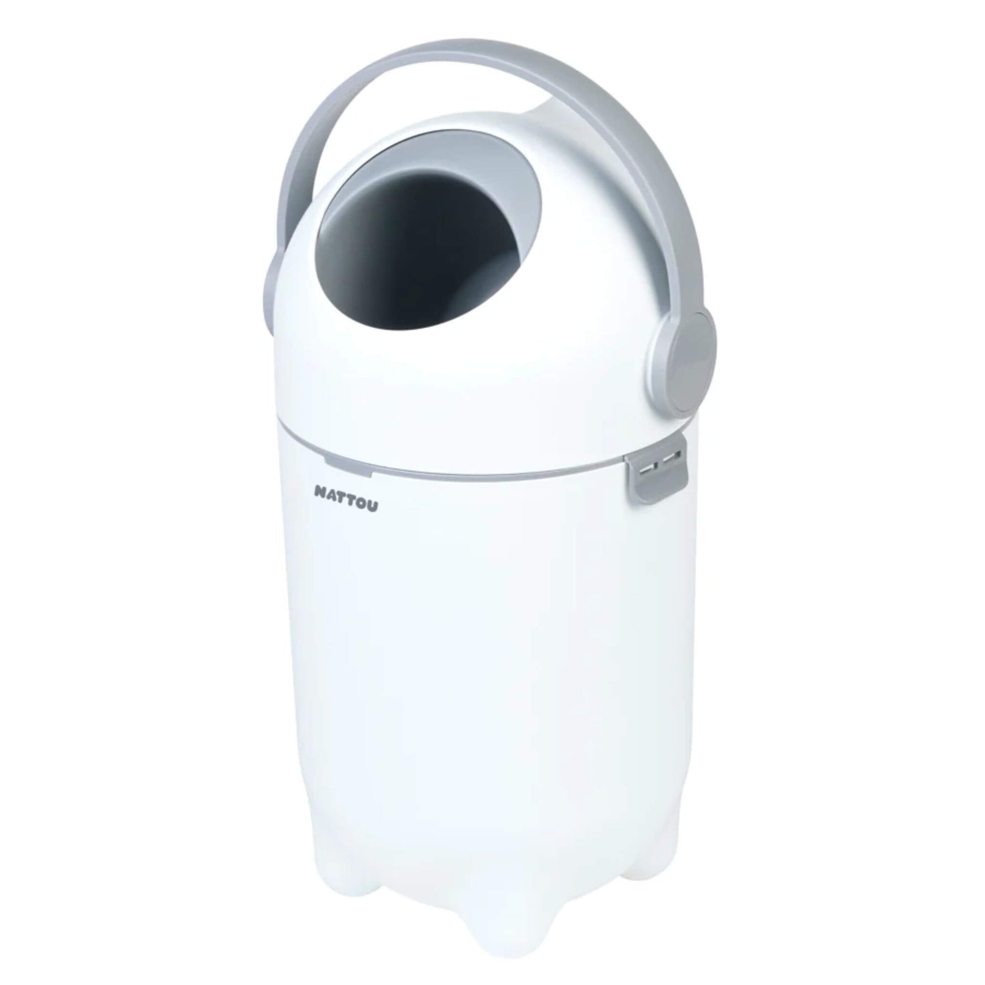 Side view of the white Nattou Dropy Nappy Bin, highlighting its ergonomic handle and sleek design.