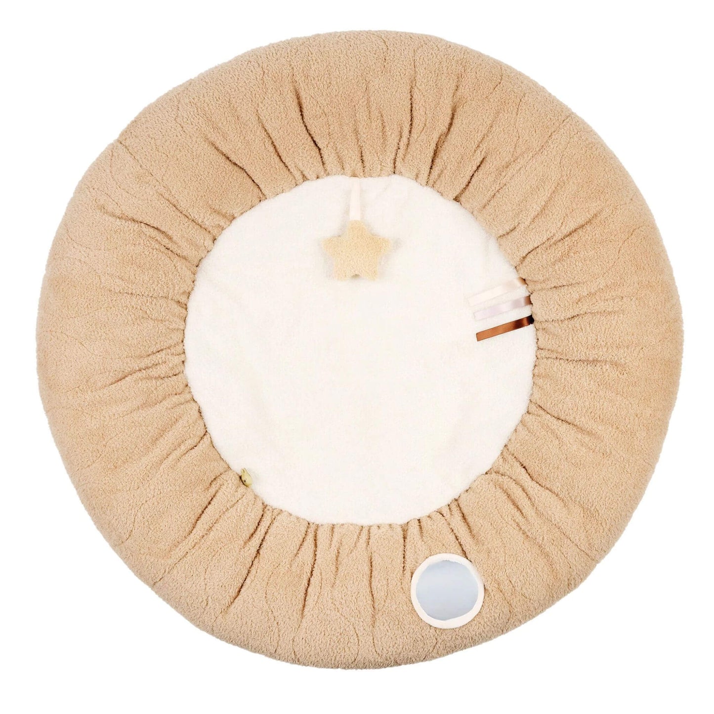 Round Nattou Teddy Playmat with a plush cream centre, padded beige border, hanging star, textured labels, and a small built-in mirror.