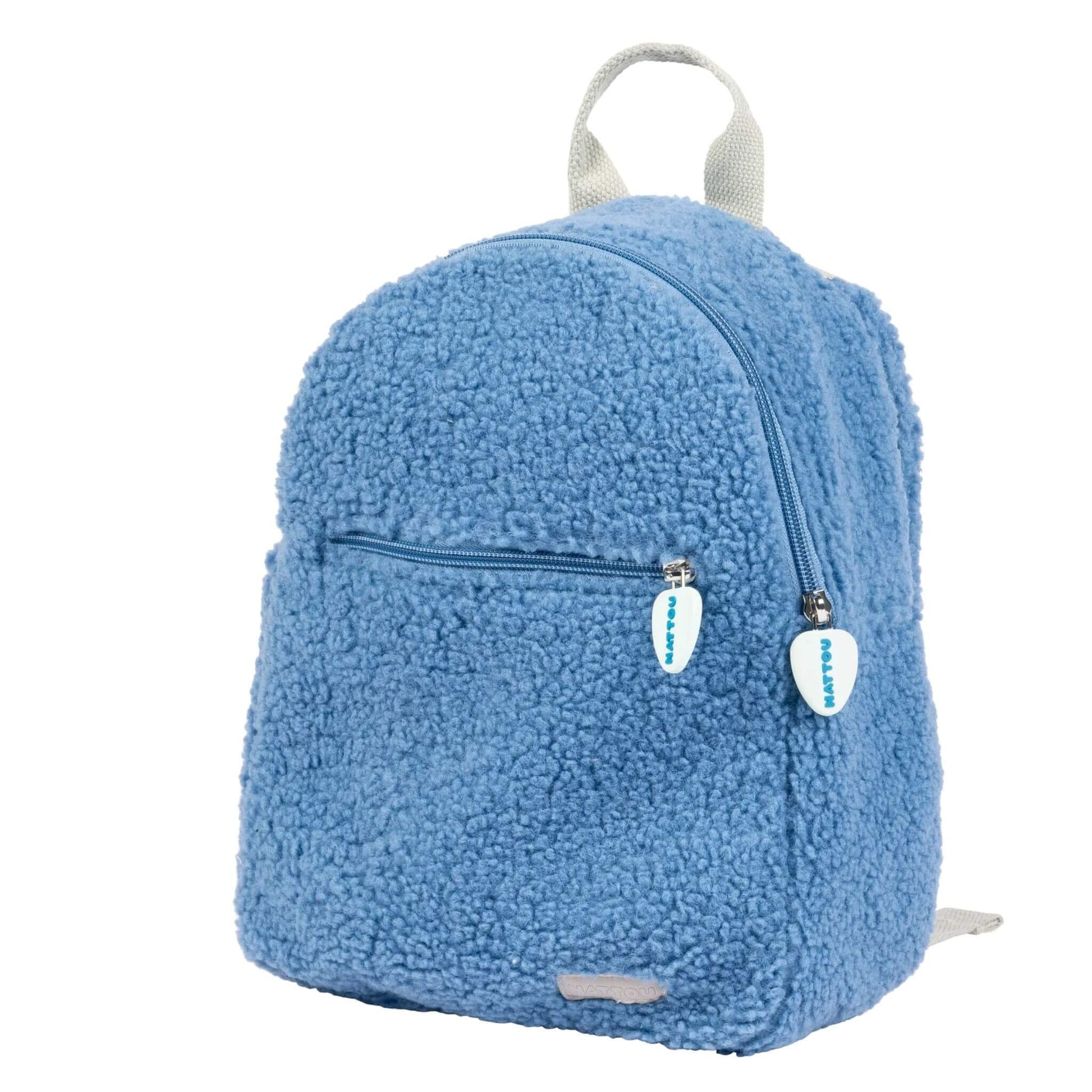 Blue Nattou Teddy Backpack with a plush, soft fabric and zippered front pocket for small essentials.