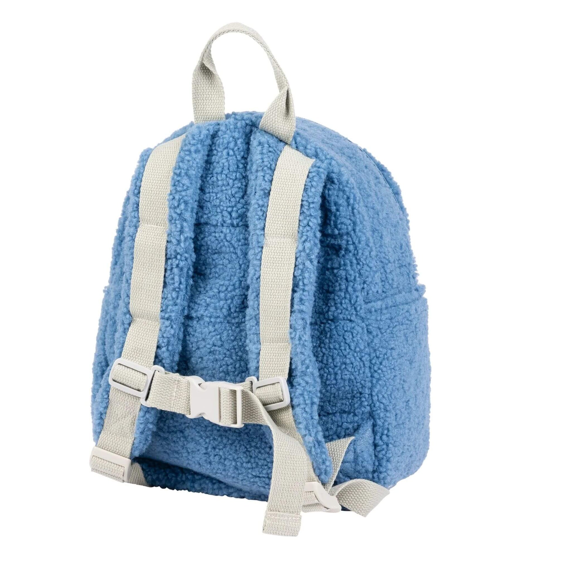 Back view of the blue Nattou Teddy Backpack, featuring adjustable straps and a secure chest buckle.