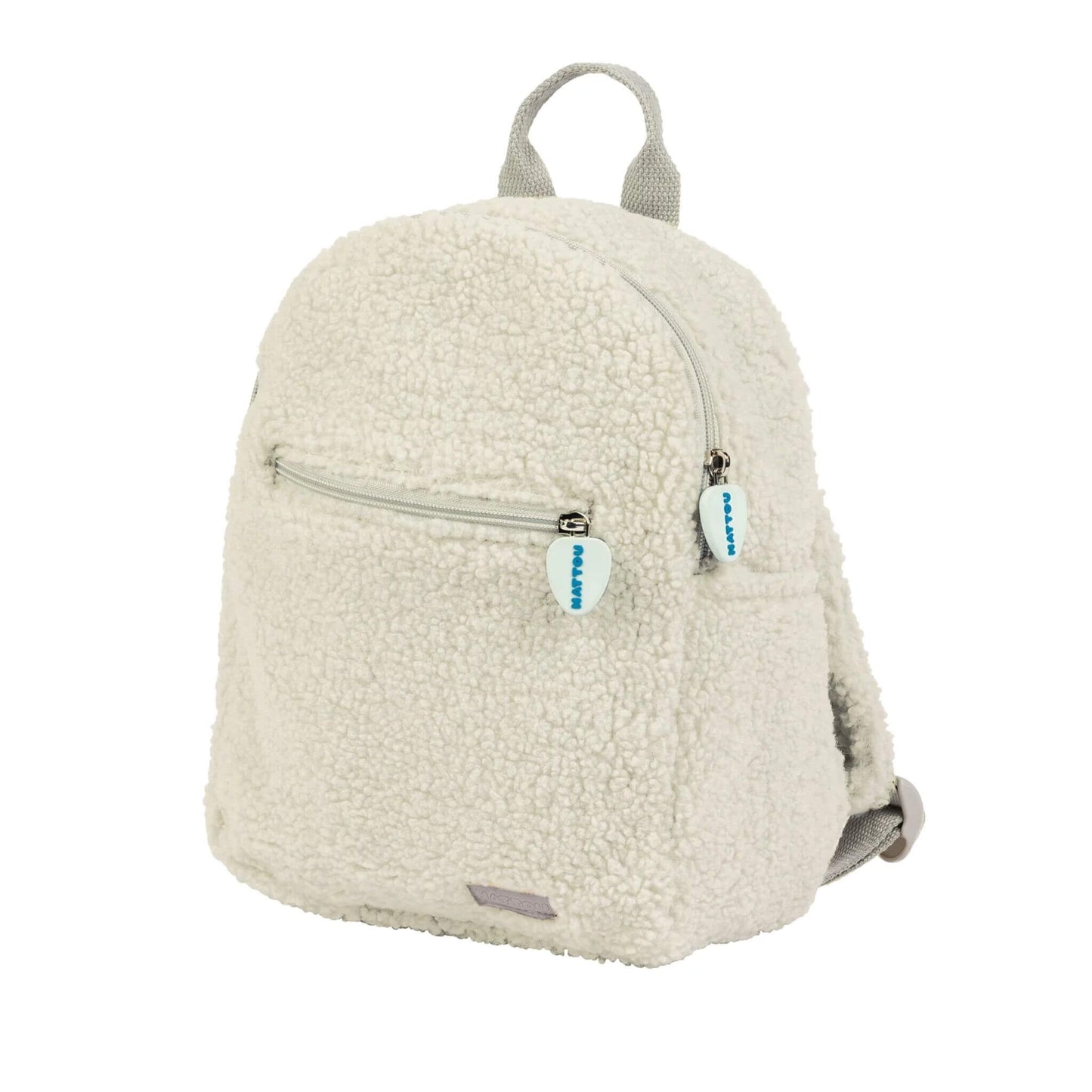 Ecru Nattou Teddy Backpack with a plush, soft fabric and zippered front pocket for small essentials.