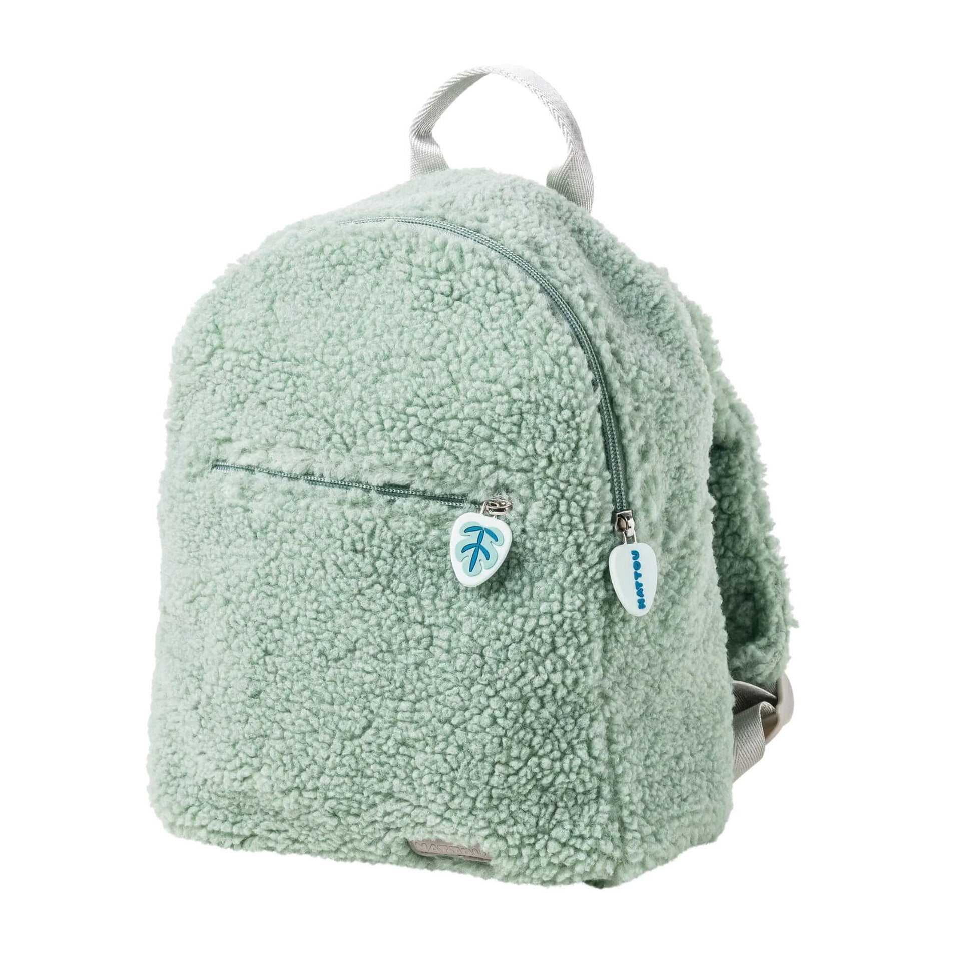 Green Nattou Teddy Backpack with a plush, soft fabric and zippered front pocket for small essentials.