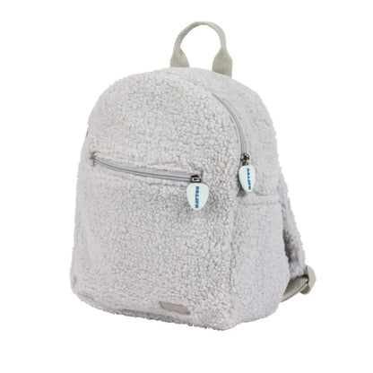 Grey Nattou Teddy Backpack with a plush, soft fabric and zippered front pocket for small essentials.