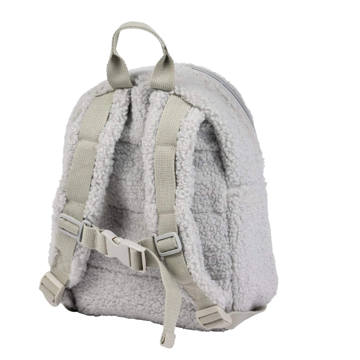 Back view of the grey Nattou Teddy Backpack, featuring adjustable straps and a secure chest buckle.