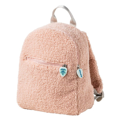 Pink Nattou Teddy Backpack with a plush, soft fabric and zippered front pocket for small essentials.