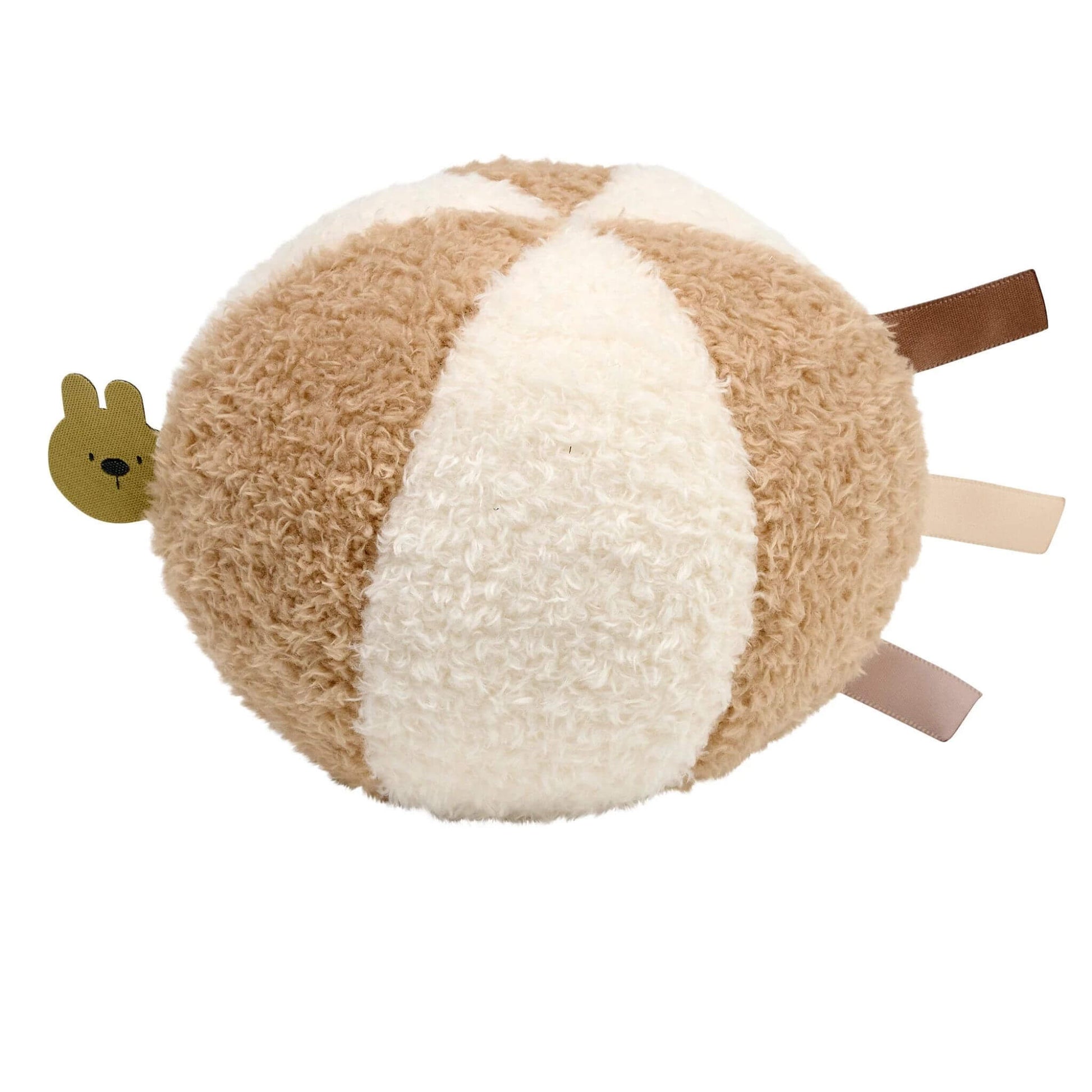 Nattou Teddy Ball soft plush baby toy with sensory ribbon tags, featuring textured panels and bunny detail, perfect for tactile play.