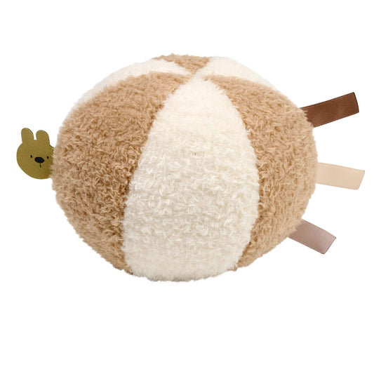 Nattou Teddy Ball soft plush baby toy with sensory ribbon tags, featuring textured panels and bunny detail, perfect for tactile play.