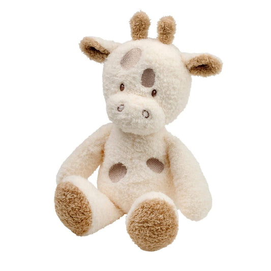 Nattou Giraffe plush toy with cream-colored soft fur, brown spots, and tan accents, perfect for baby's first stuffed animal companion.