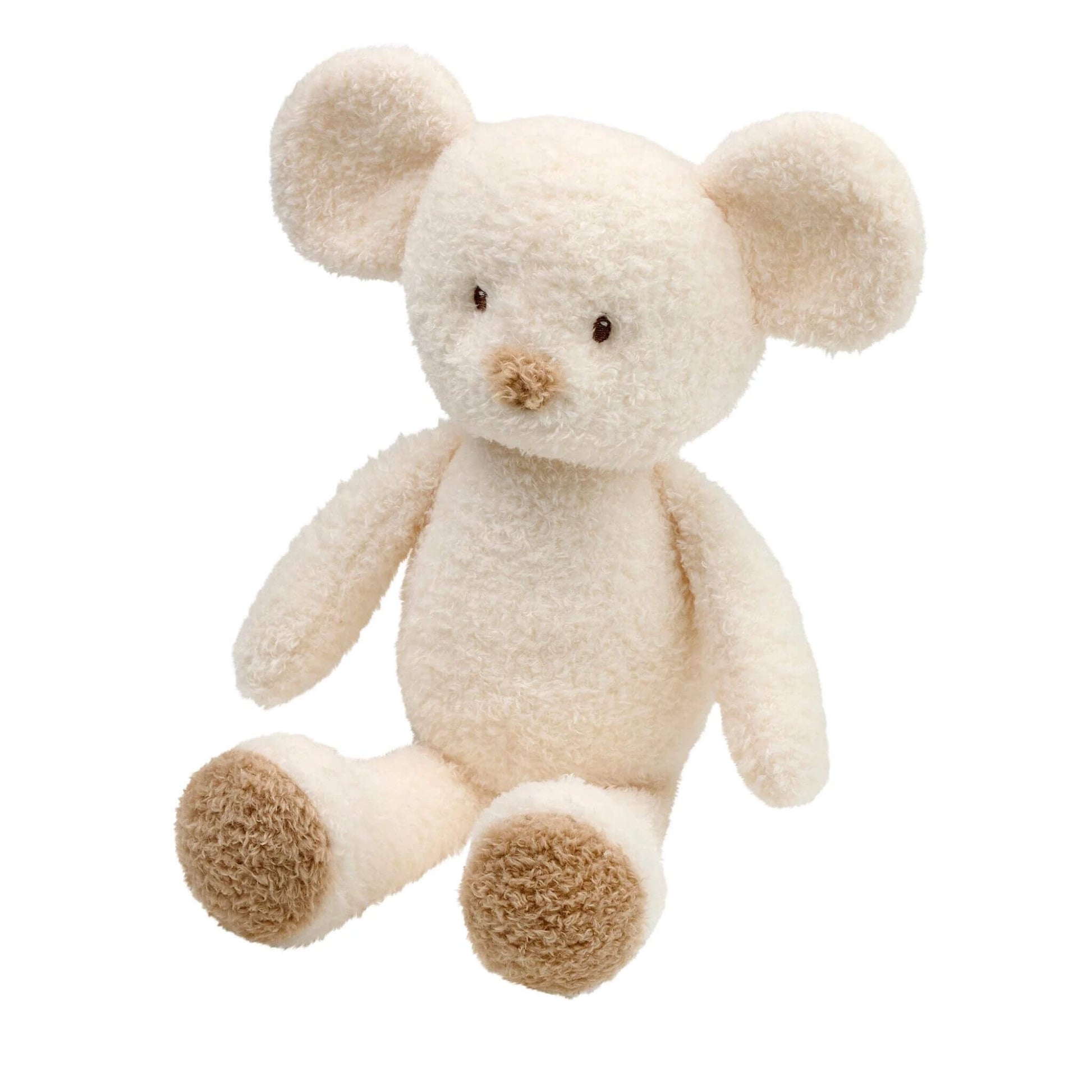 Nattou mouse teddy cuddly plush toy with cream-colored fur, beige paws, and embroidered features, perfect for baby's first cuddly companion.