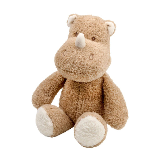 Nattou Teddy Cuddly Rhino in soft tan plush with white paws and nose, perfect for baby's first stuffed animal companion.