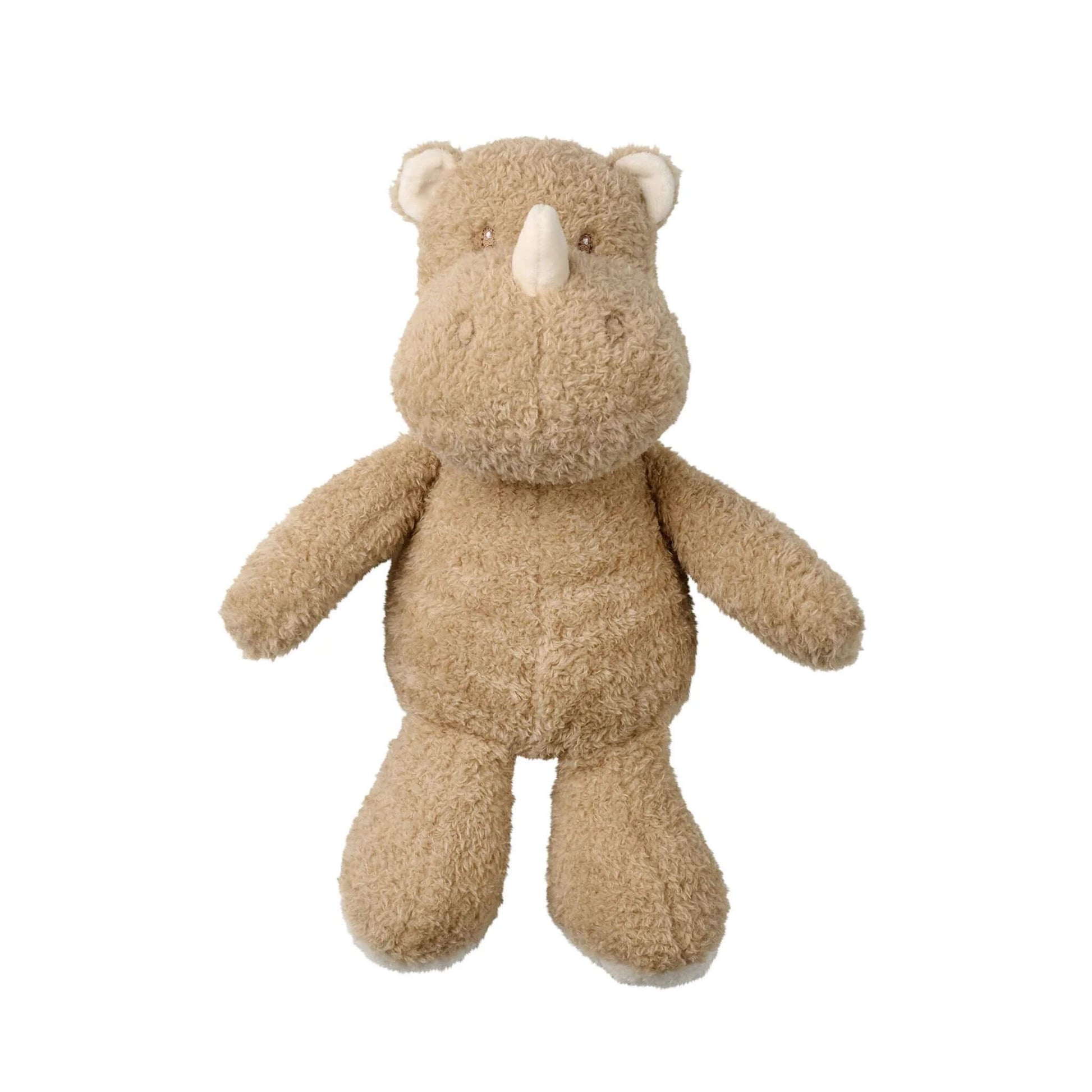 Nattou Teddy Cuddly standing rhino plush toy with textured tan fur, cream accents, and gentle embroidered features.