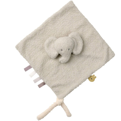 Nattou grey teddy comfort blanket with ribbon tags and plush elephant head, perfect for soothing baby at bedtime.