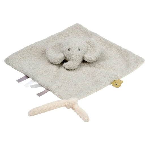 Nattou Teddy Doudou in soft grey plush with sensory ribbons and pacifier clip, featuring sweet elephant character design.