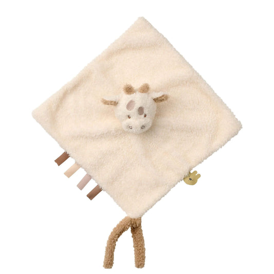 Nattou teddy comfort blanket with ribbon tags and plush giraffe head, perfect for soothing baby at bedtime.