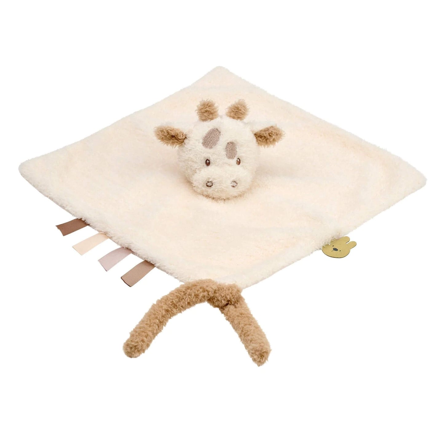 Nattou Teddy Doudou in soft cream plush with sensory ribbons and pacifier clip, featuring sweet giraffe character design.