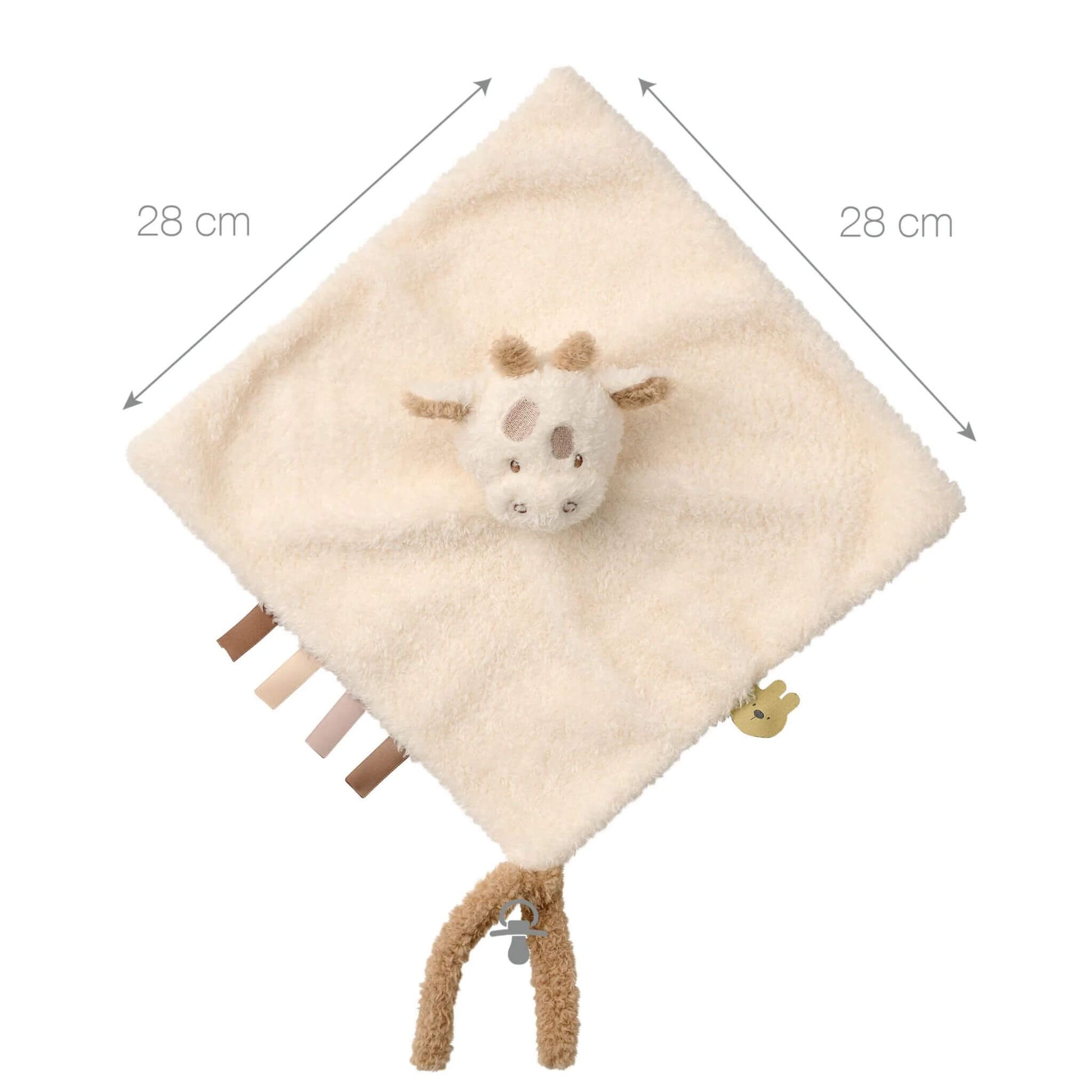 Nattou Teddy collection Doudou featuring 28cm cream comfort blanket with soft plush giraffe head, sensory ribbons and pacifier holder.