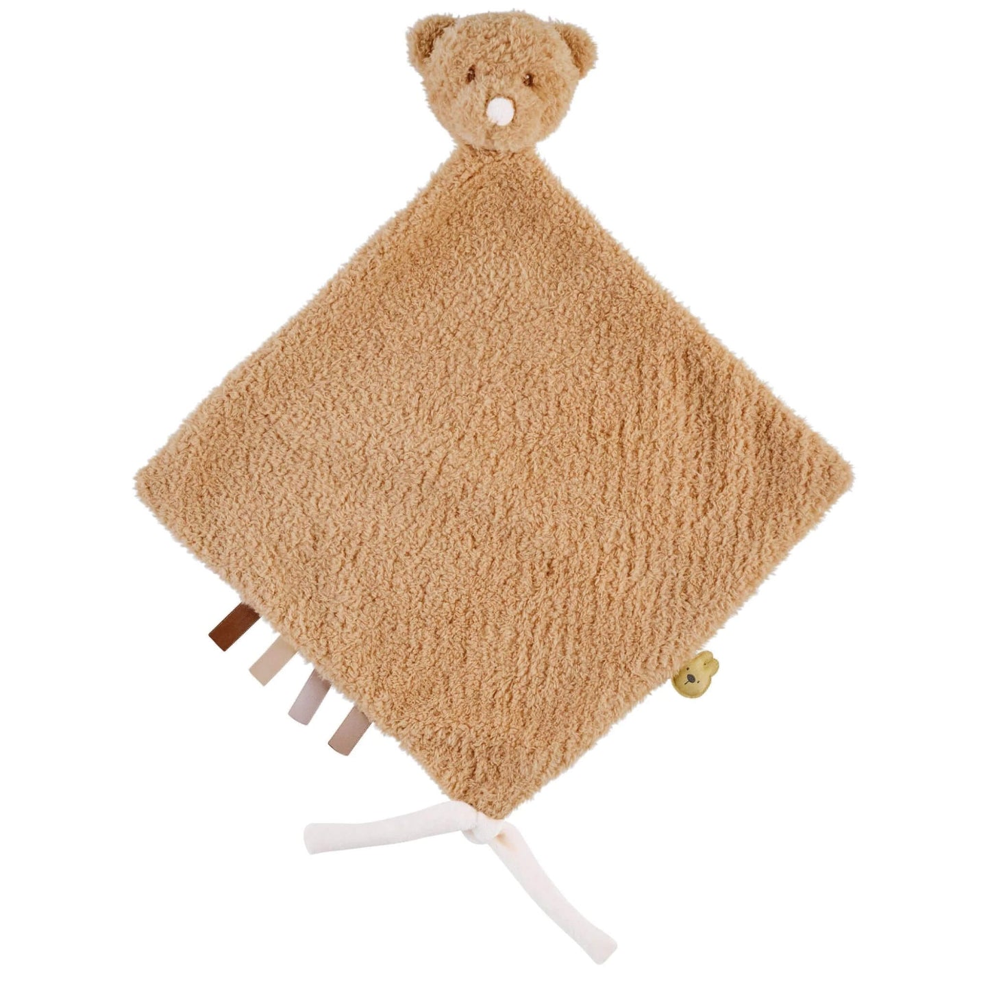 Nattou Bear Teddy Maxi Doudou in tan with soft plush material, sensory ribbons, and pacifier holder, perfect for comforting babies.