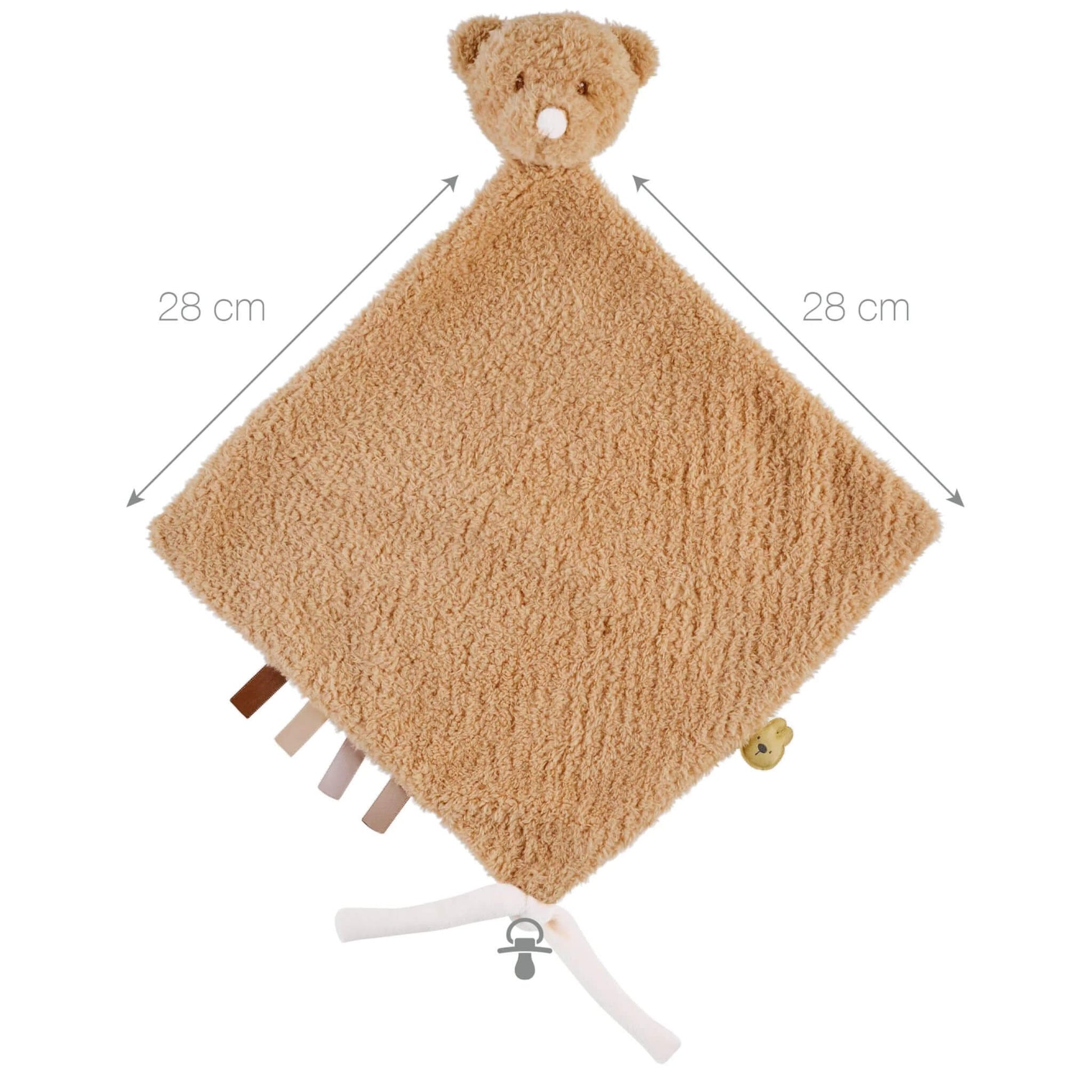 Nattou Bear Teddy Maxi Doudou comfort blanket measuring 28cm, featuring plush bear head and soothing sensory tags.