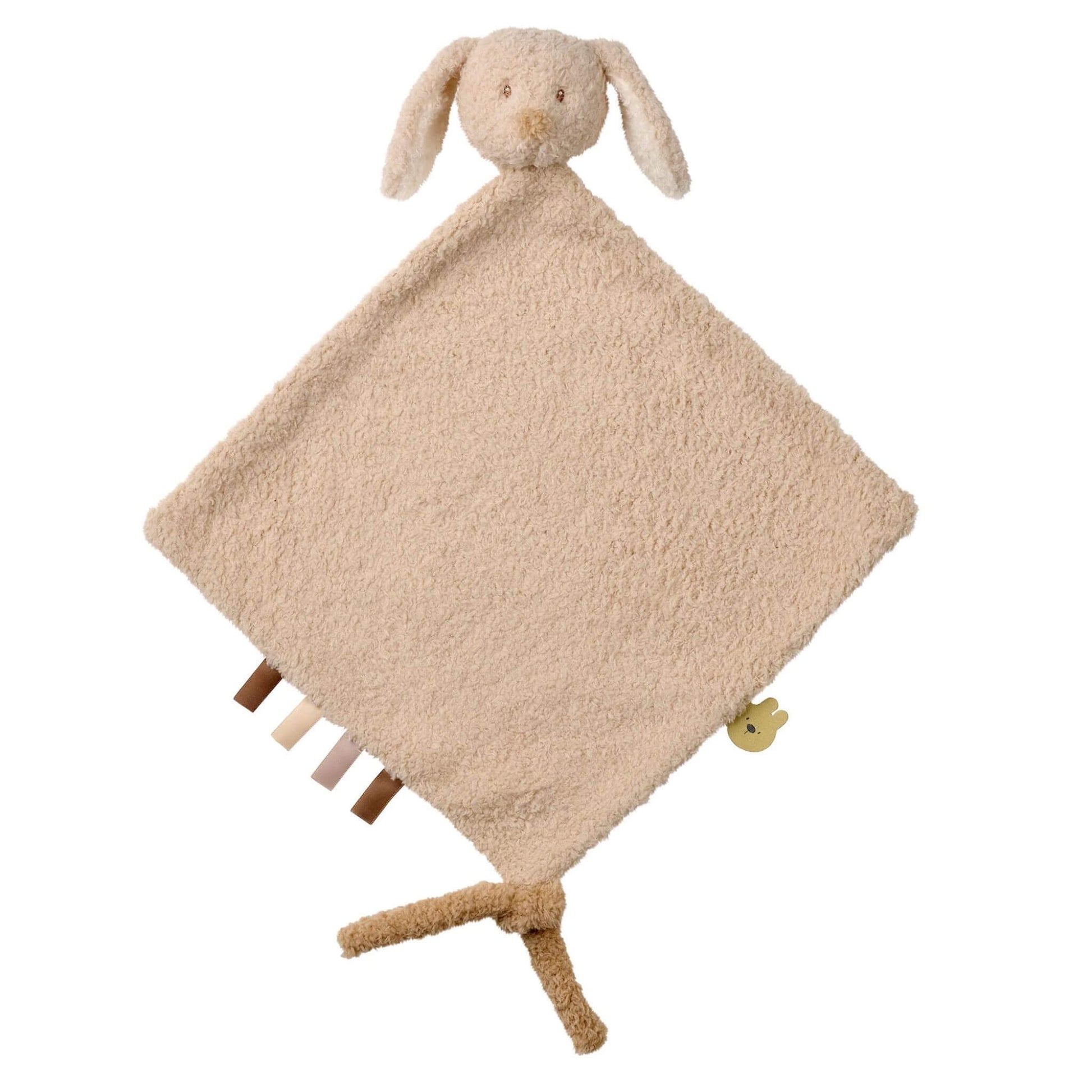 Nattou Bunny Teddy Maxi Doudou in beige with sensory ribbons, pacifier holder, and plush bunny head design for baby comfort.