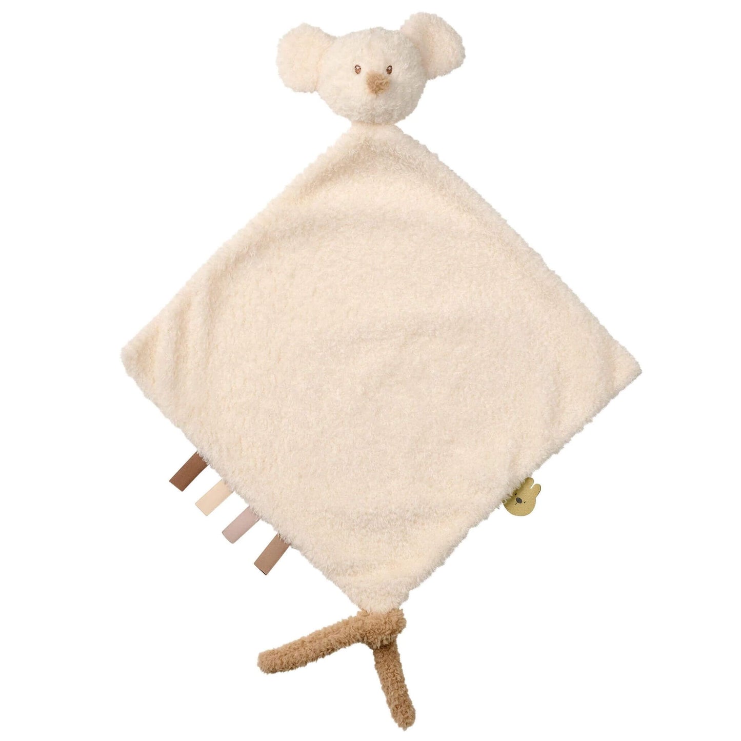 Nattou Mouse Teddy Maxi Doudou baby comforter in cream white with sensory ribbons, pacifier holder, and plush mouse head.