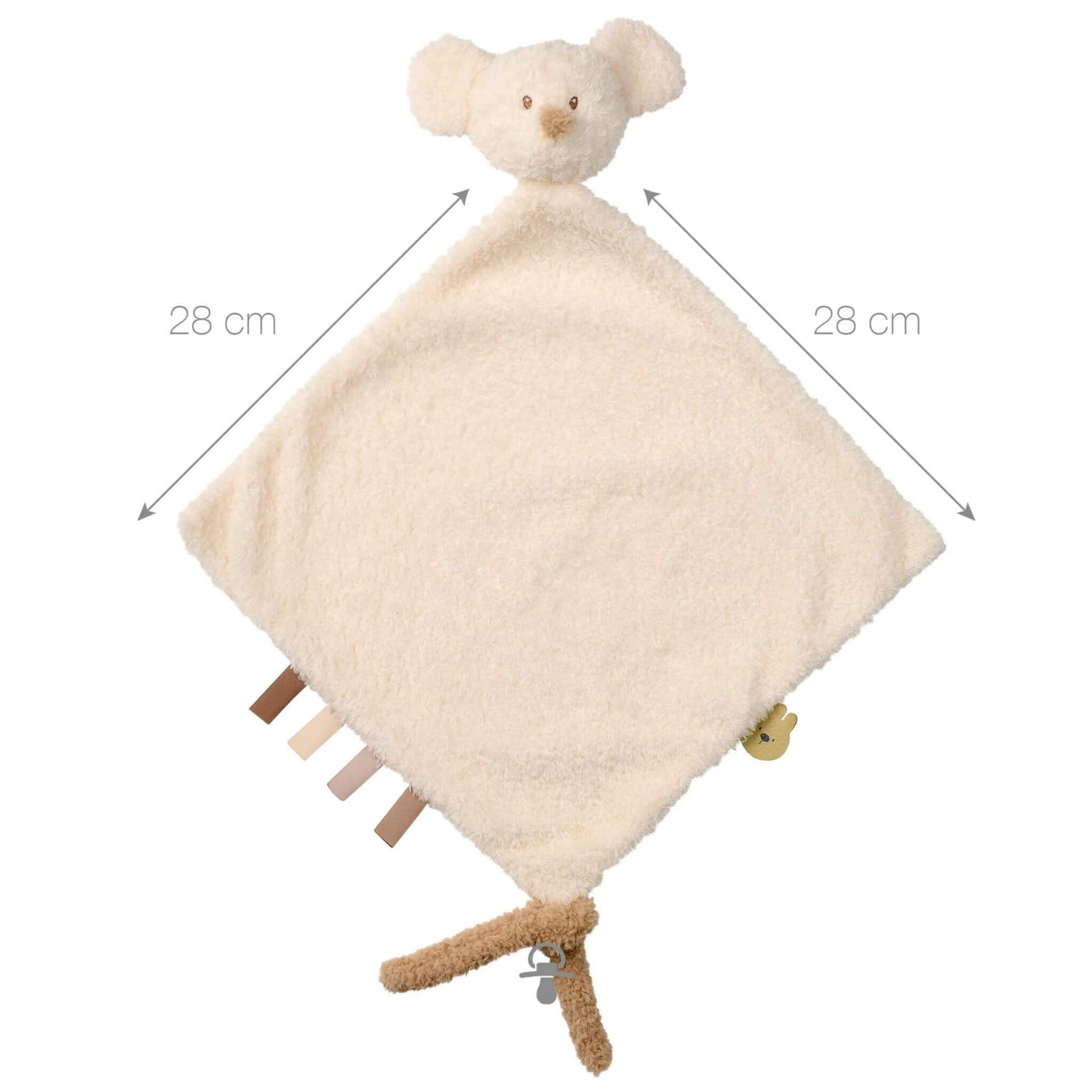 Nattou Mouse Teddy Maxi Doudou comfort blanket with 28cm dimensions, featuring mouse design and textured ribbon tags.