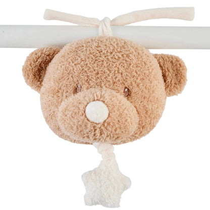 Nattou Teddy Musical Bear in soft beige, hanging crib toy with white star pull cord, perfect for soothing babies at bedtime.