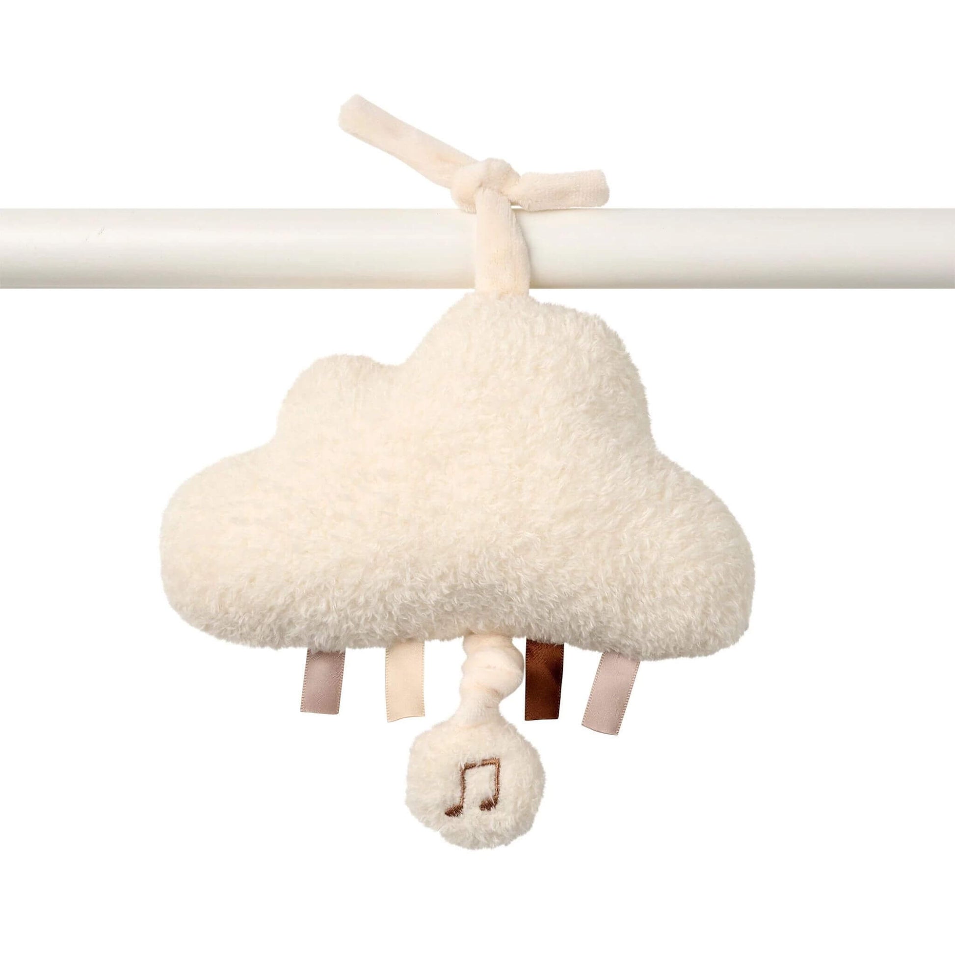 Soft Nattou Teddy Musical Cuddly in a cloud shape, tied to a rail with a pull string to play a soothing melody.