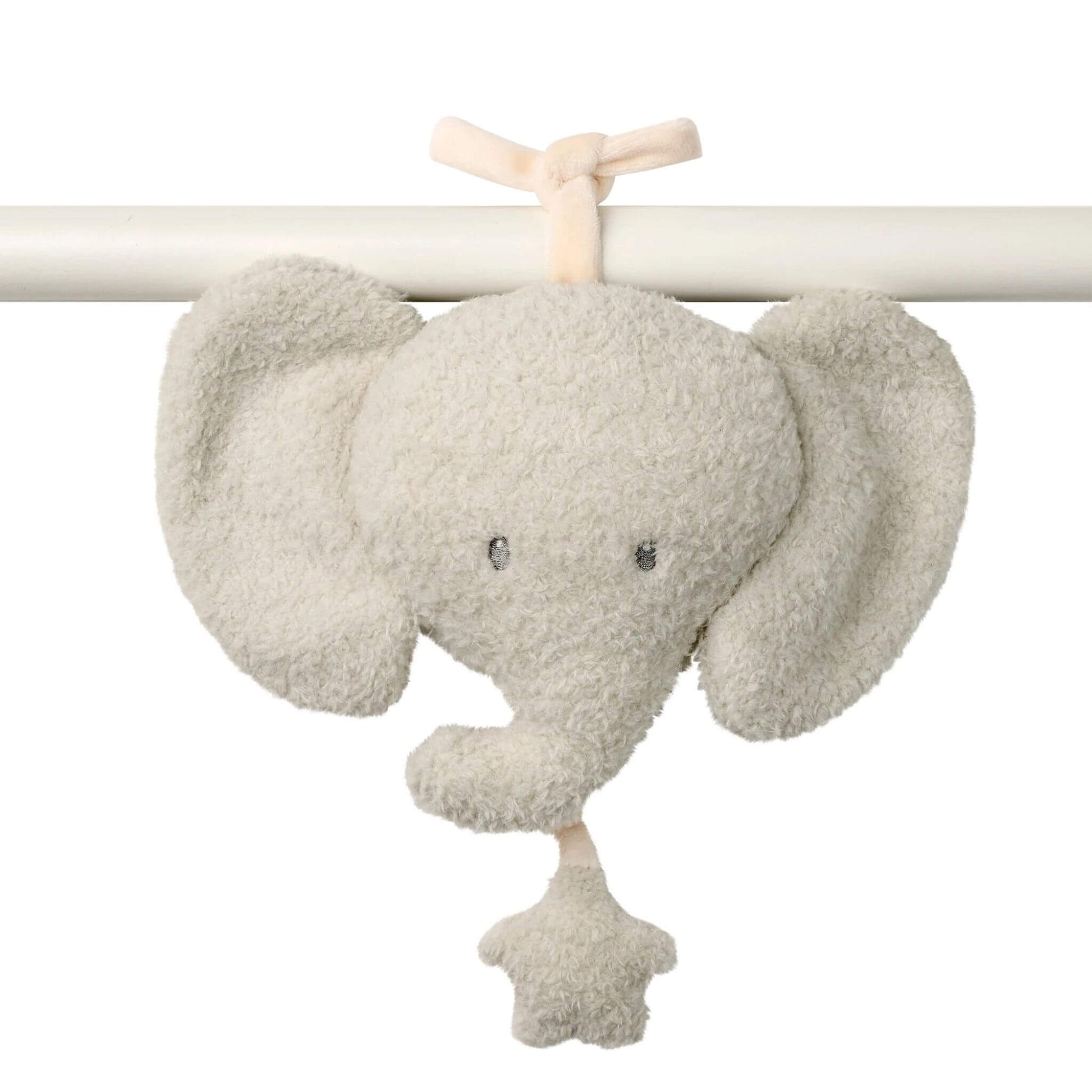 Soft Nattou Teddy Musical Cuddly in an elephant shape, tied to a rail with a pull string to play a gentle melody.