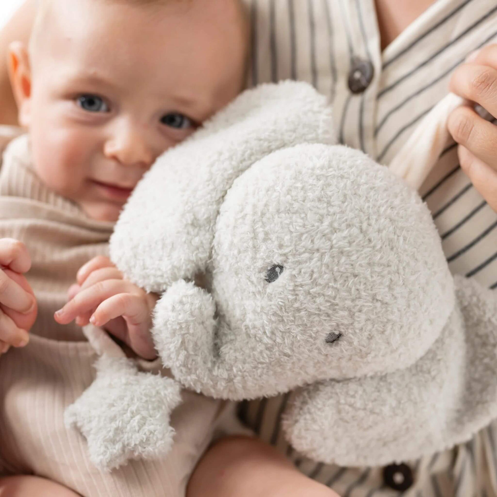 Baby cuddling the Nattou Teddy Musical Elephant, enjoying its soft fabric and soothing music.