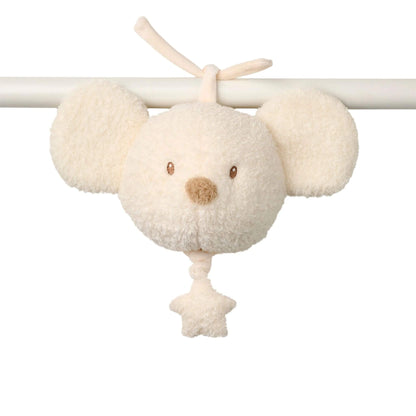 Soft Nattou Teddy Musical Cuddly in a mouse shape, tied to a rail with a pull string to play a calming melody.