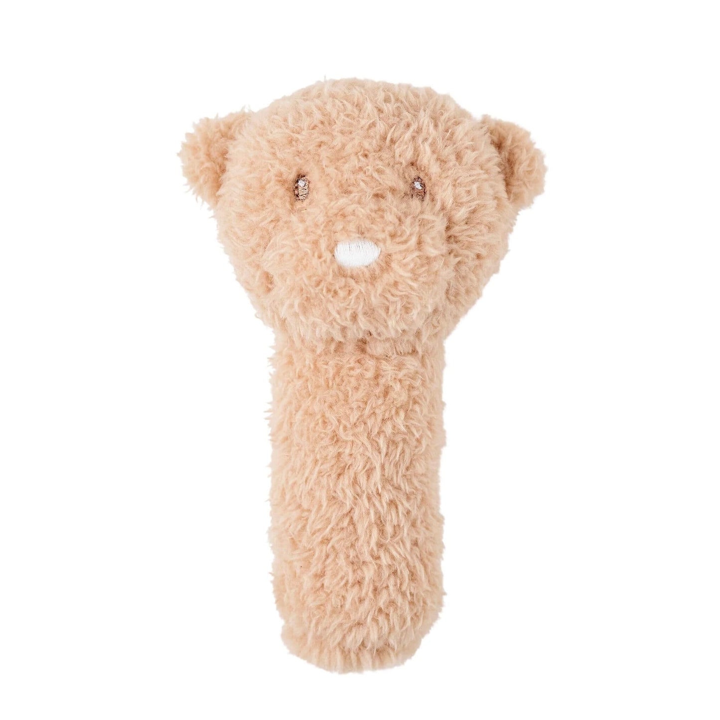 Nattou Teddy Bear Rattle toy featuring plush texture, embroidered face, and easy-grip handle design for baby development.