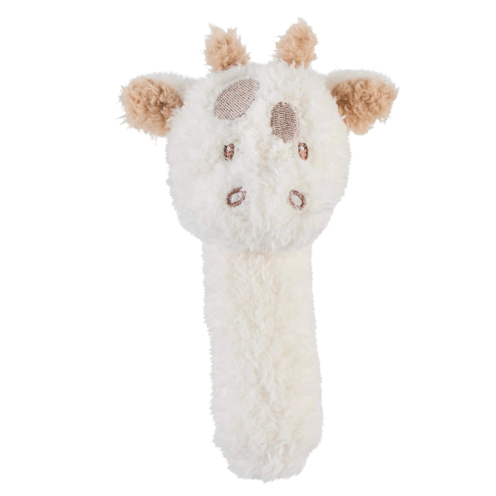 Nattou giraffe design plush rattle with spotted pattern and soft texture, ideal for baby's first grasping toy.