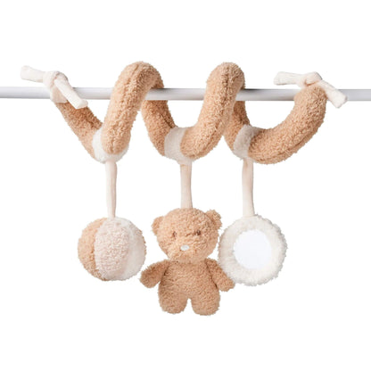 Nattou Teddy Activity Spiral with plush bear and sensory balls, hanging toy designed for crib and stroller entertainment.