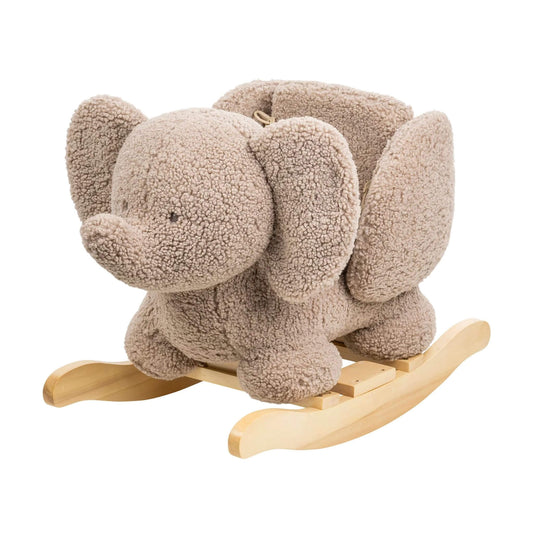 Soft taupe Nattou Teddy Elephant Rocker with plush fabric and a sturdy wooden base, designed for toddlers' balance and play.