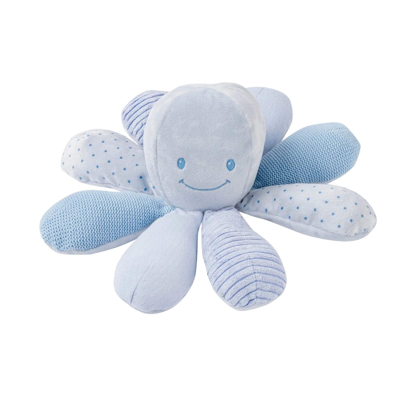 Soft blue Nattou activity octopus with a smiling face, textured tentacles, ideal for sensory play