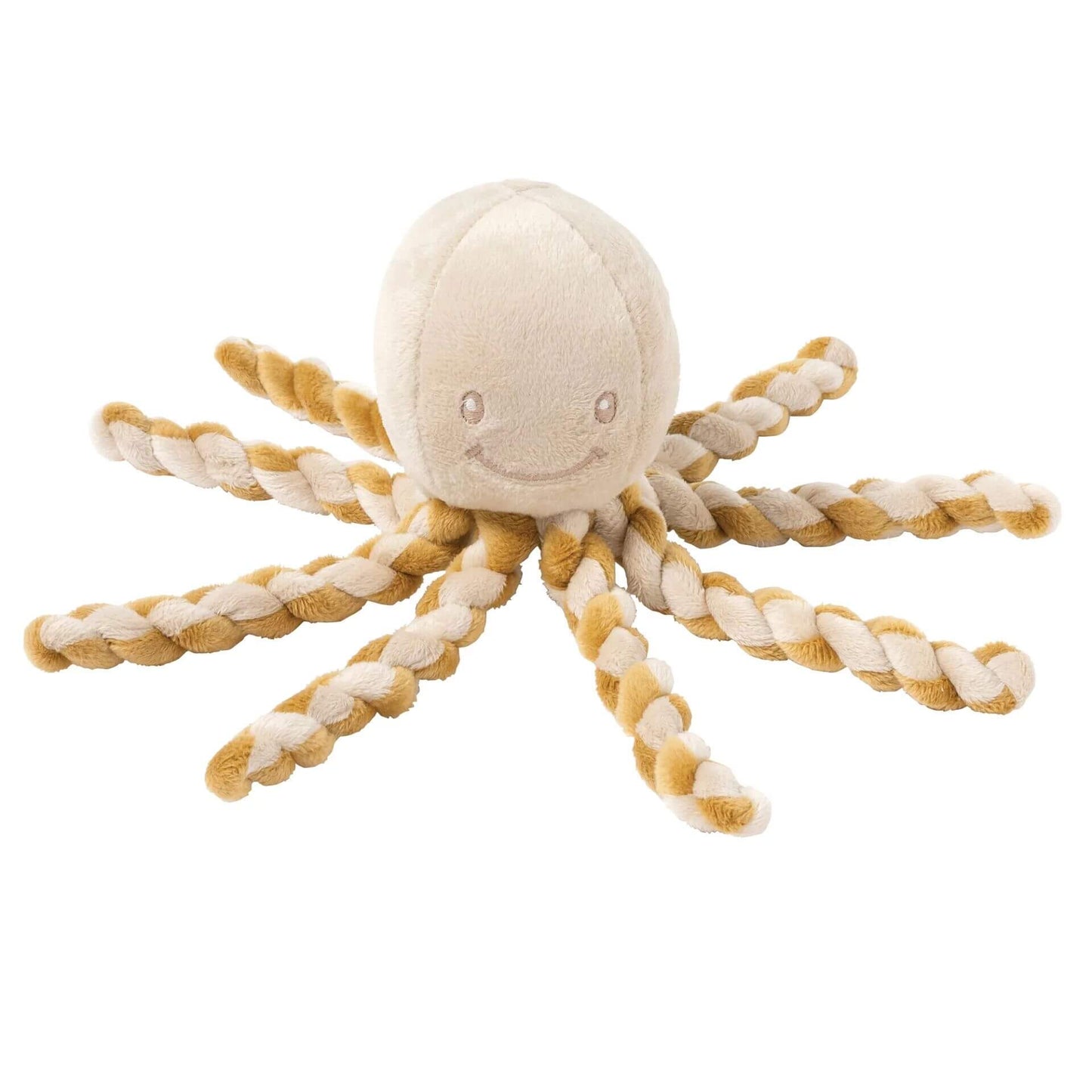 Soft caramel Nattou Piu Piu octopus with twisted tentacles and a smiling face, ideal for comforting premature babies and sensory exploration.