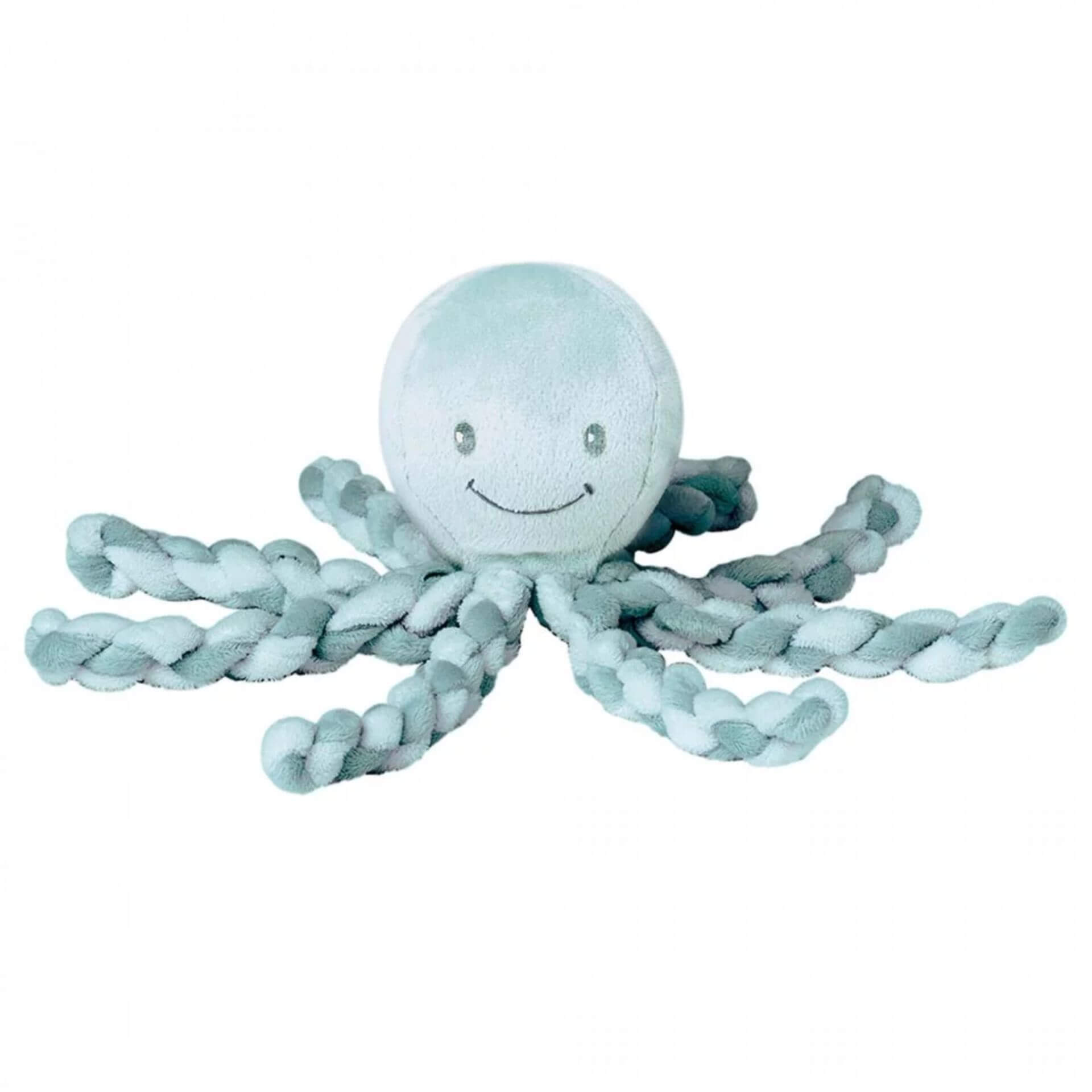 Copper and mint green Nattou Piu Piu octopus with twisted tentacles and a smiling face, ideal for comforting premature babies and sensory exploration.