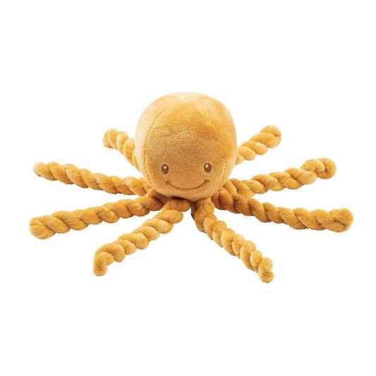 Soft cuddly Nattou Piu Piu octopus with twisted tentacles and a smiling face, ideal for comforting premature babies and sensory exploration.