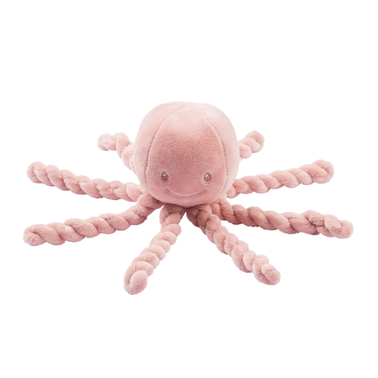 Soft pink Nattou Piu Piu octopus with twisted tentacles and a smiling face, ideal for comforting premature babies and sensory exploration.