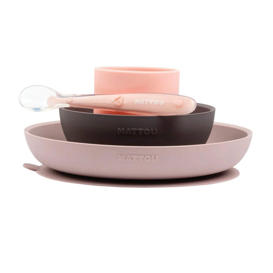 Nattou tableware set, featuring a non-slip plate, bowl, cup, and a silicone spoon, perfect for baby-led weaning and easy, mess-free feeding.