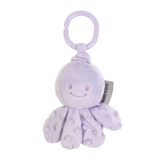 Nattou Vibrating Octopus toy in lilac, featuring a smiling face, textured tentacles, and a plastic loop for easy attachment.