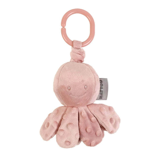 Nattou Vibrating Octopus toy in pink, featuring a smiling face, textured tentacles, and a plastic loop for easy attachment.