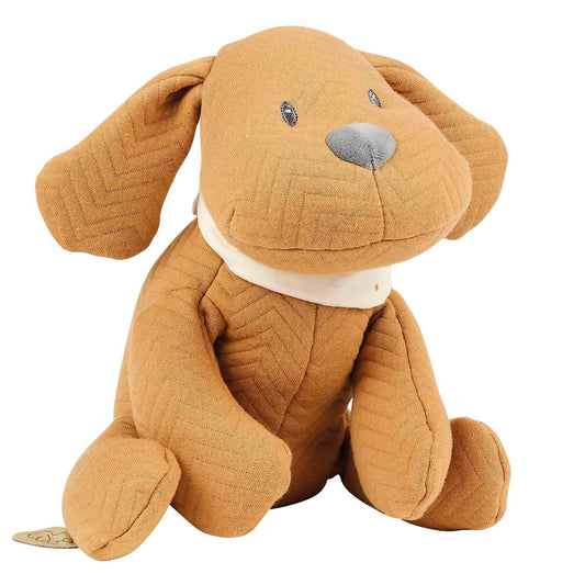 Nattou Charlie Dog Cuddly plush toy in soft brown caramel fabric with long floppy ears, a grey nose, and a beige neckerchief. Ideal for baby cuddles.